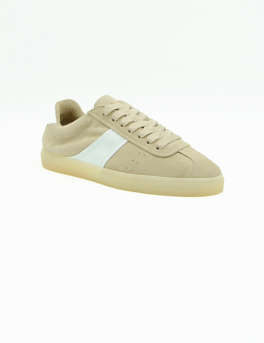 Sneaker Copenhagen in sand white con suede beige, striscia azzurra e suola gomma