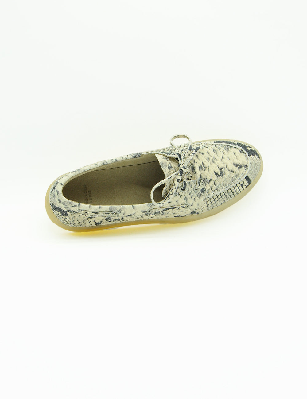 Mocassino barca Copenhagen Snake Cream, retro beige-grigio con suola gialla chiara