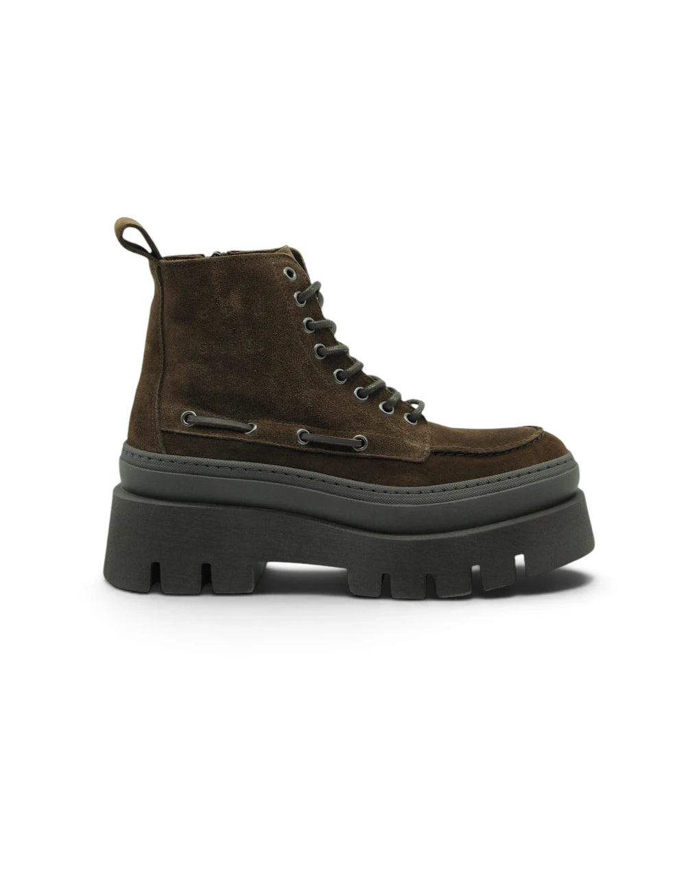 Brown suede ankle boot with chunky black platform sole and dark laces from copenhagen stringata chocolate collection