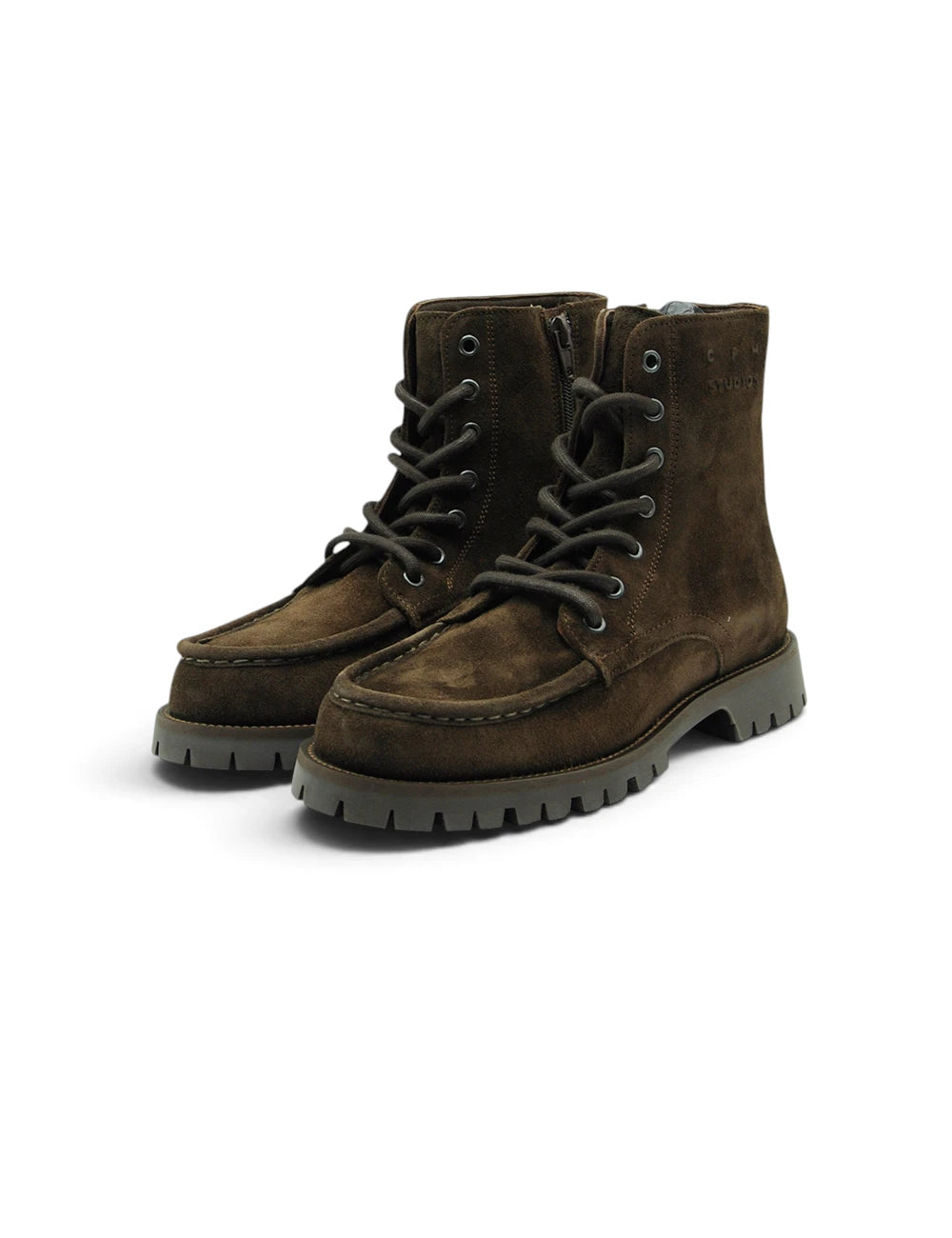 Brown suede ankle boots copenhagen stivaletto stringato chocolate with black laces and rugged textured rubber sole