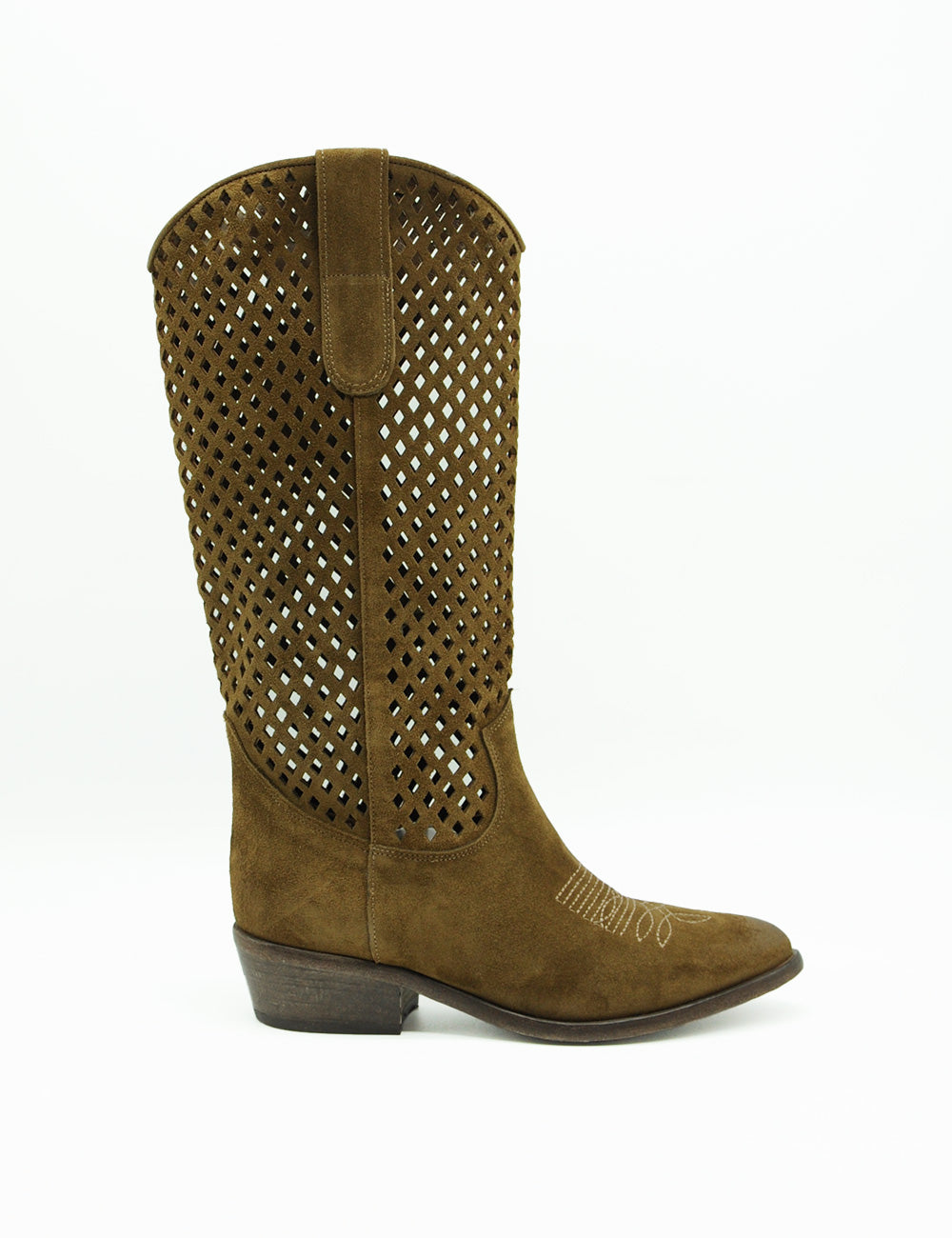 Stivale texano Curiosité Coffee in suede marrone con forature a rombi
