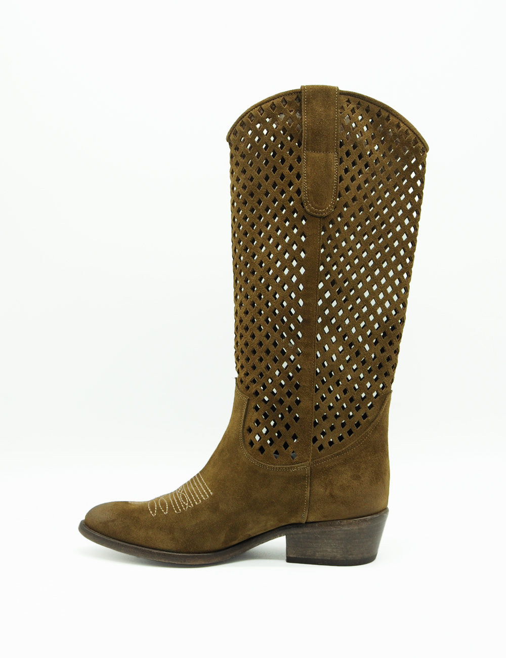 Stivale texano Curiosité Coffee in suede marrone con punta traforata e ricami