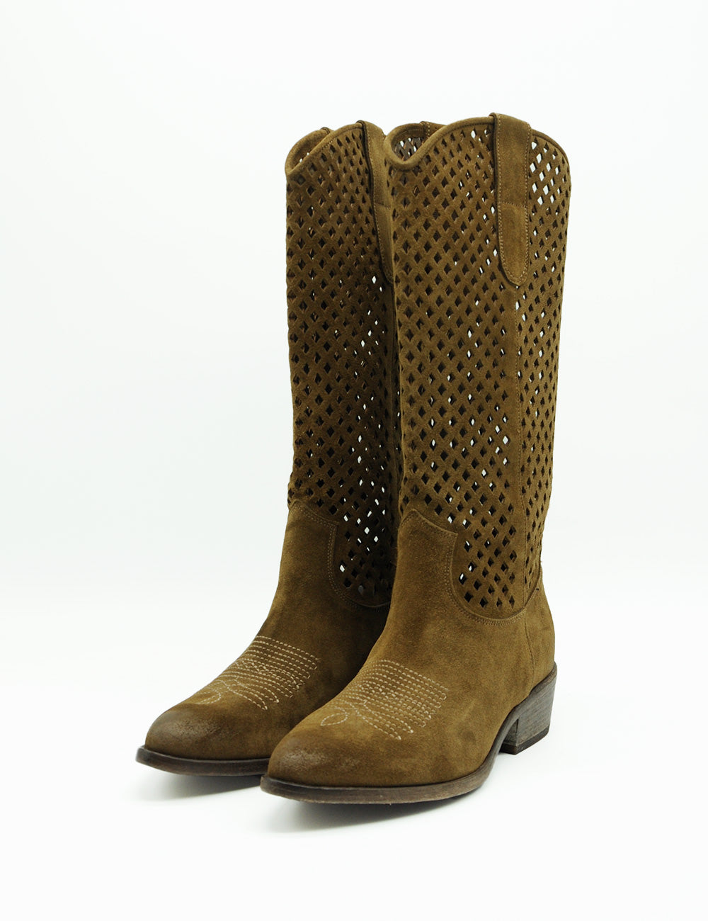 Stivali cowboy in suede marrone Curiosité Texano Coffee con tomaia traforata e cuciture decorative sulla punta