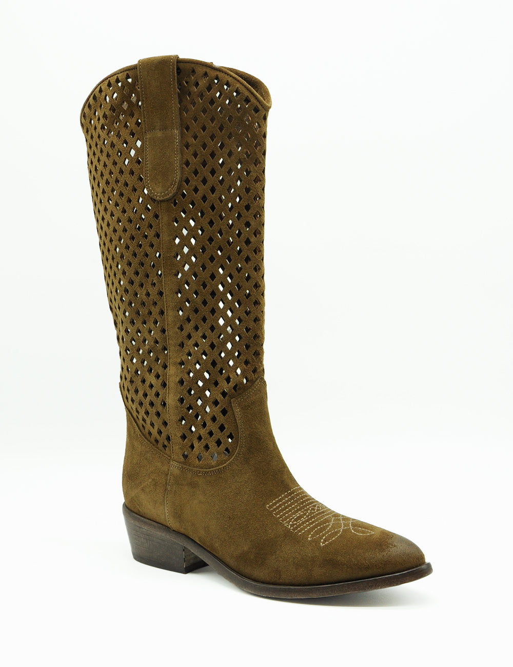 Stivale texano Curiosité Coffee in suede marrone con forature a rombi