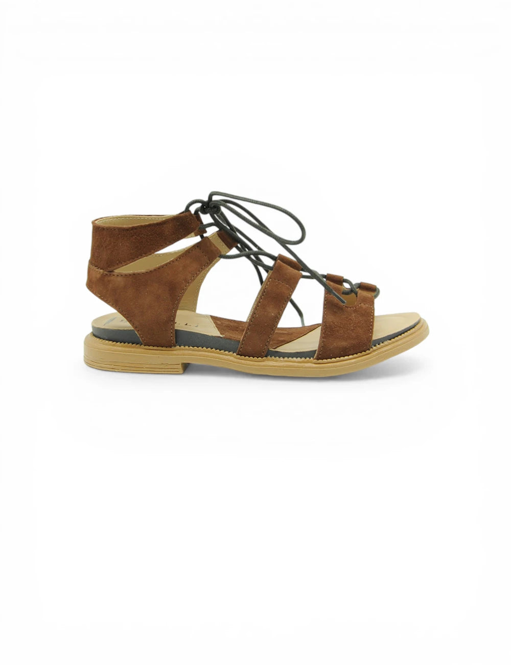 Sandalo Bruciato Fabbrica Dei Colli in suede marrone con lacci neri e tacco basso