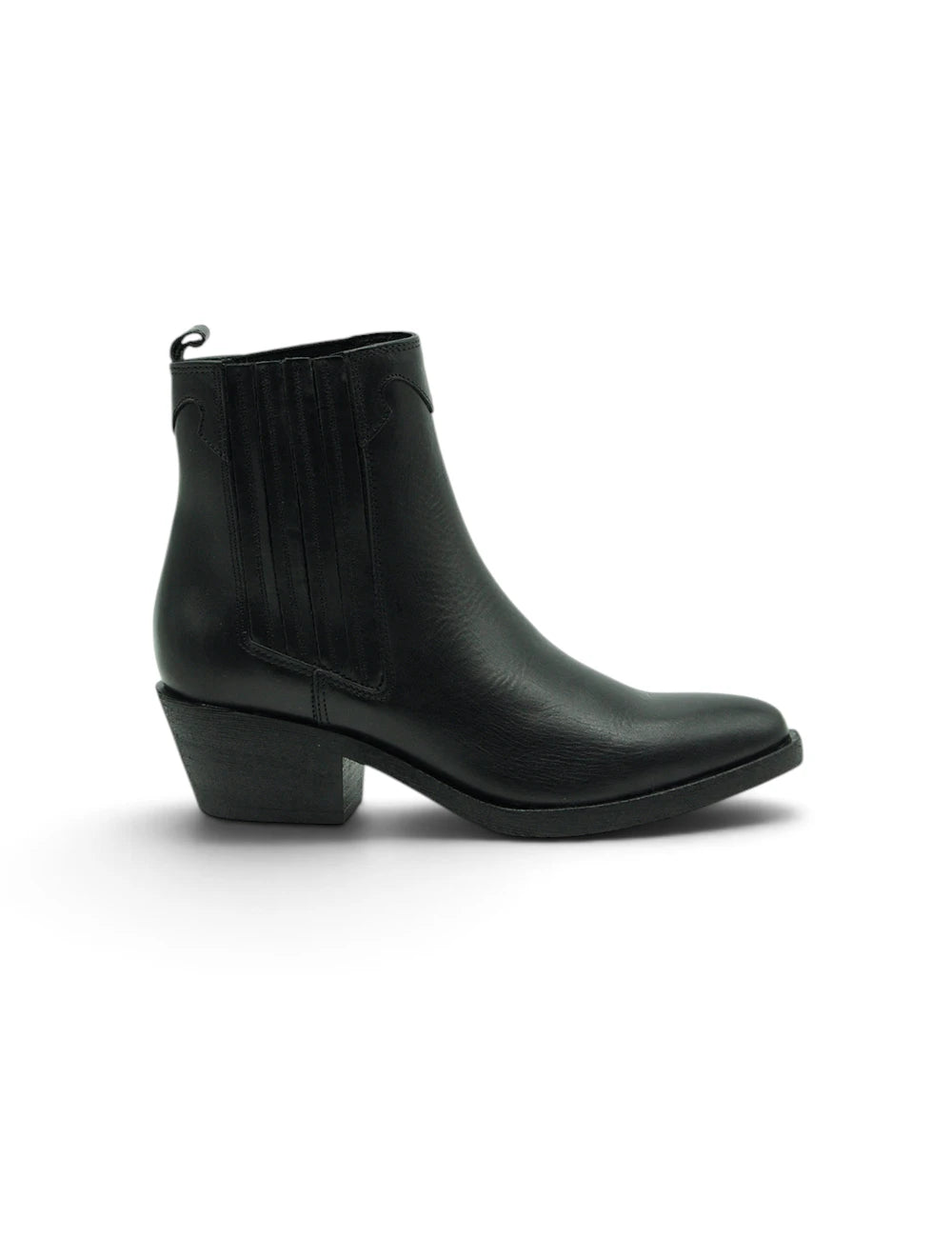 Black leather ankle boot dei colli texano nero con tacco basso e spaccature laterali
