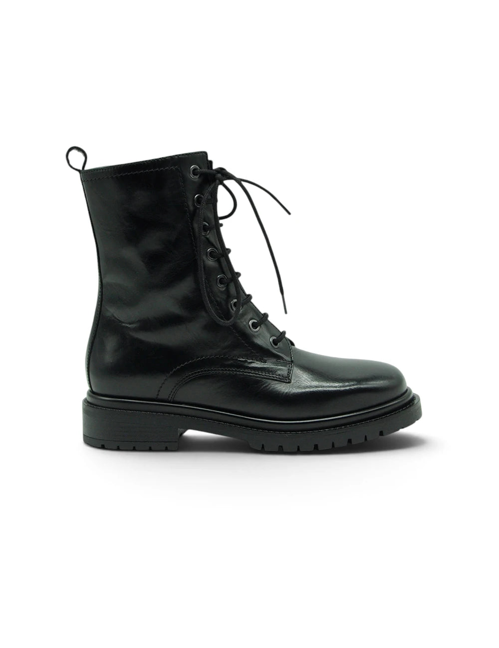 Stivale combat dei colli nero in vernice nera con suola in gomma chunky e chiusura stringata