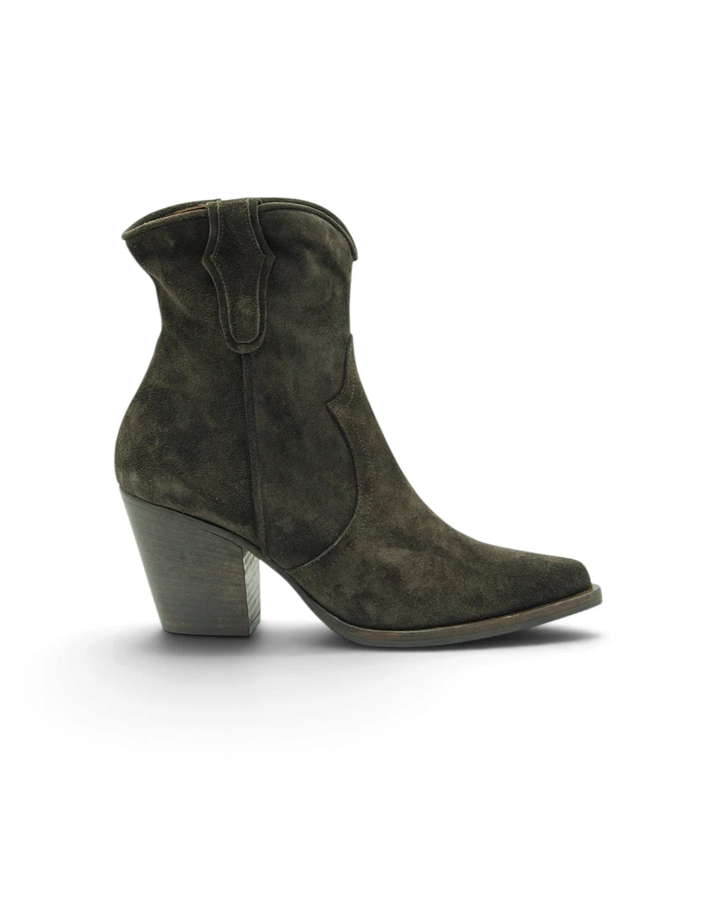Dark olive suede ankle boot with block heel and pointed toe duccio del duca stivaletto testa moro