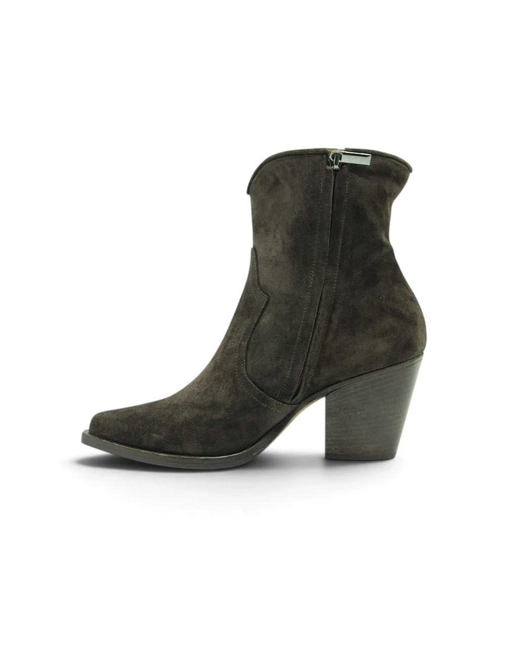 Dark olive stivaletto in suede duccio del duca con tacco chunky e chiusura con zip