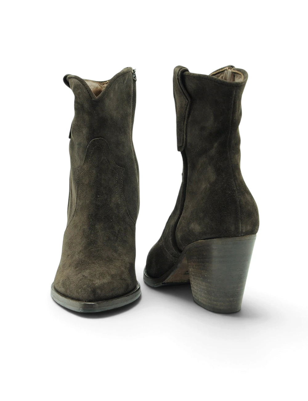 Stivaletto testa moro duccio del duca in camoscio oliva scuro con tacco chunky e chiusura con zip