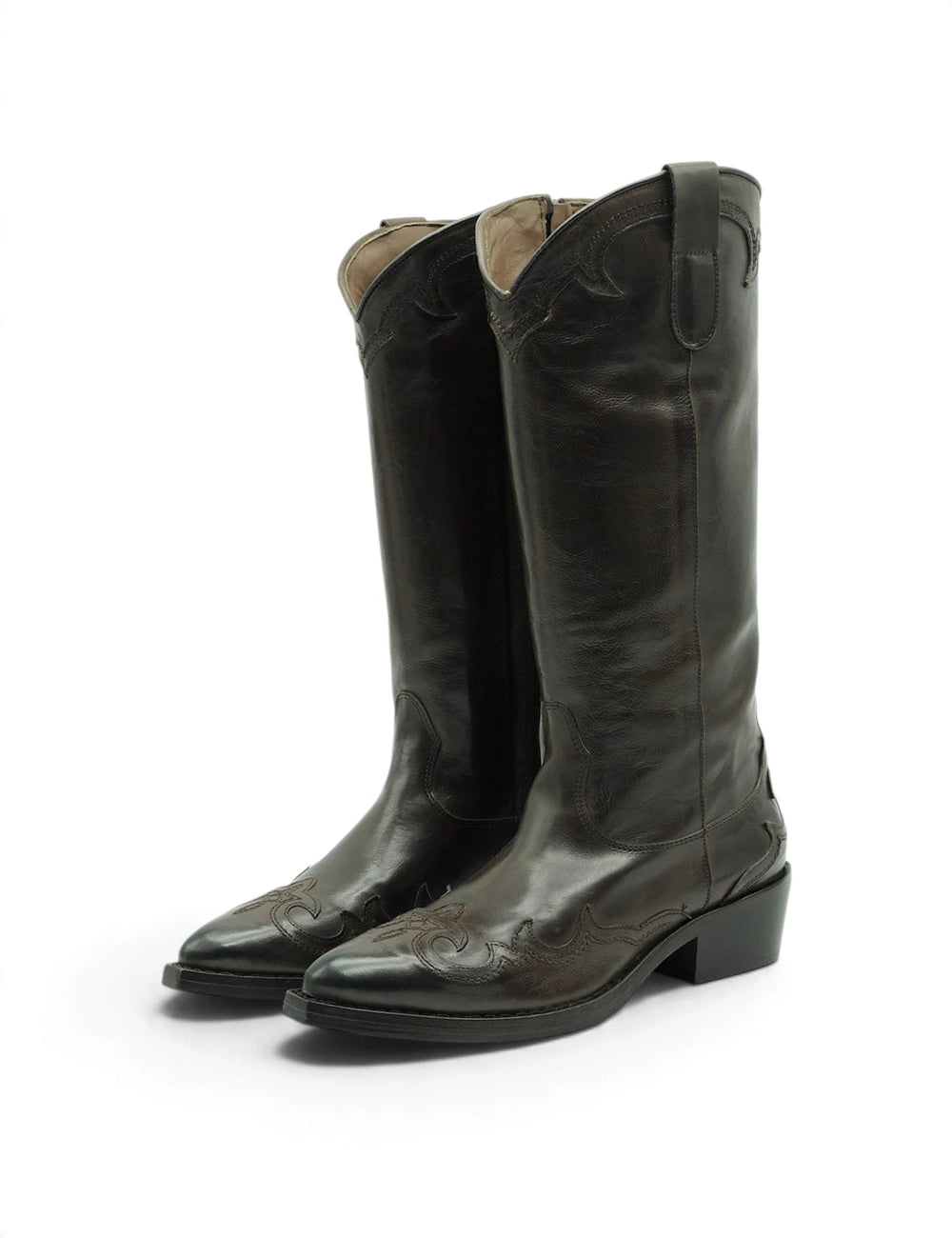 Dark brown leather cowboy boots duccio del duca stivale texano testa moro with ornate stitching and low block heel