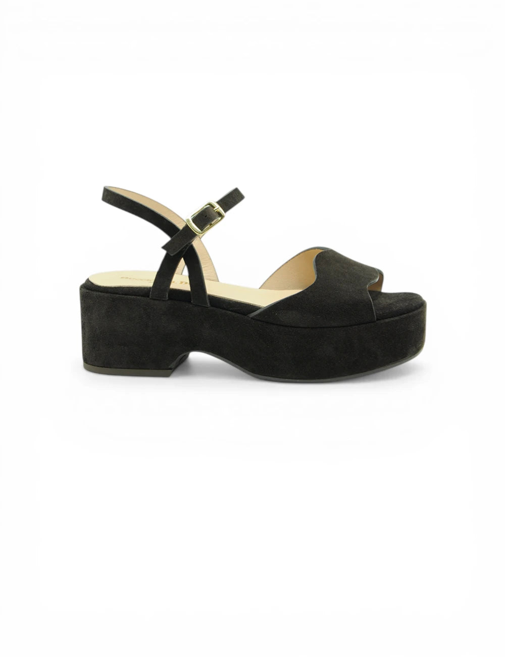 Sandalo Moro Duccio Del Duca in suede nero con fibbia oro e plateau