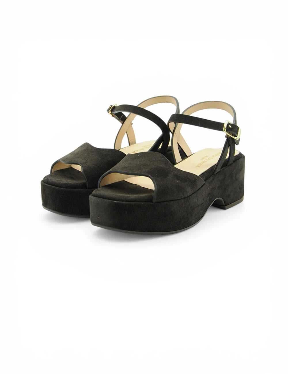 Sandalo Moro Duccio Del Duca: zeppe nere in suede con fibbie oro