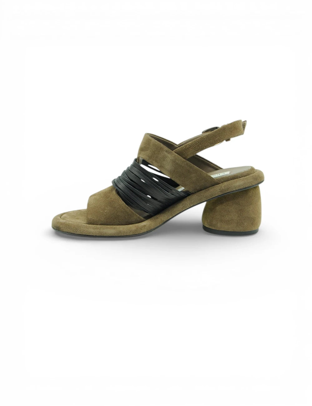 Sandalo Yvonne Antilope Ernesto Dolani in suede oliva con cinturini intrecciati neri e tacco a blocco