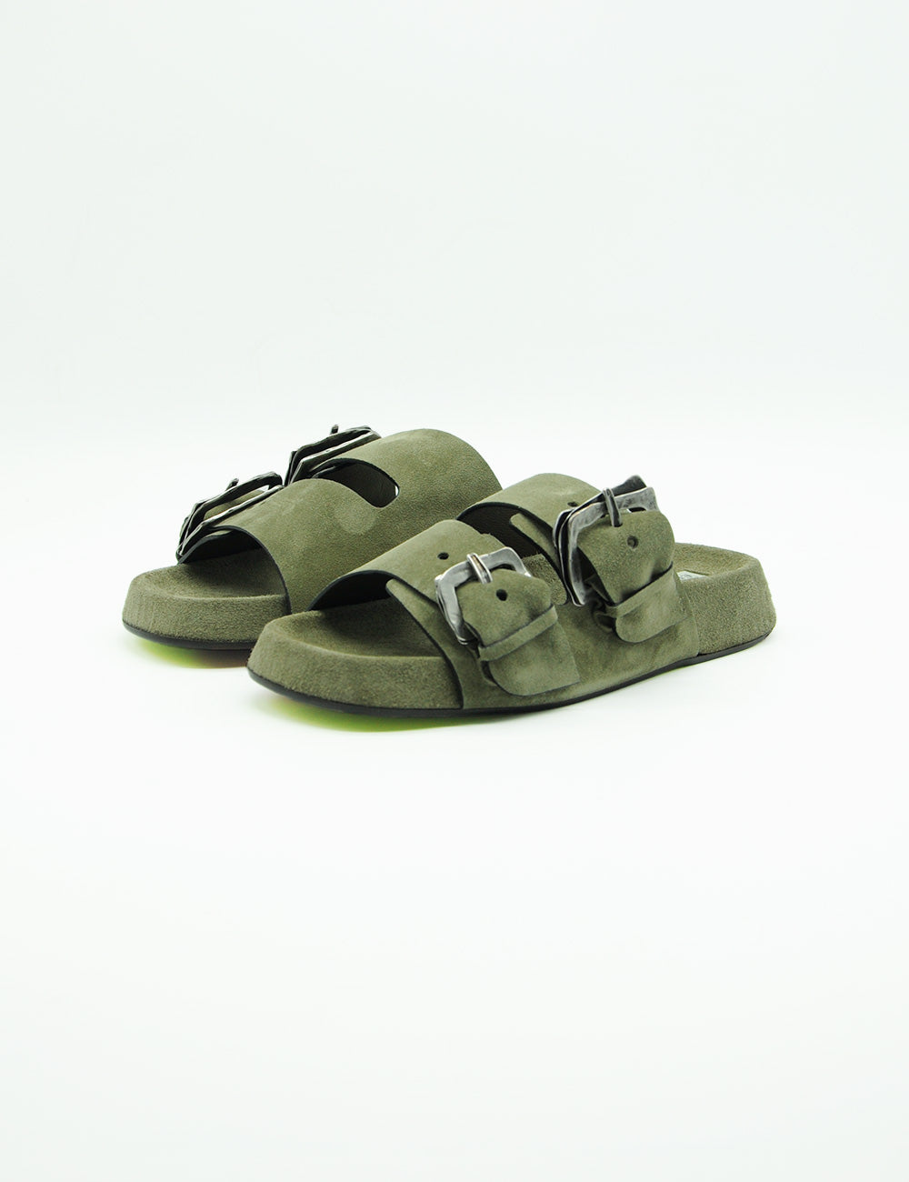 Sandali slide in suede verde oliva con fibbie metalliche doppie Ernesto Dolani Salvia