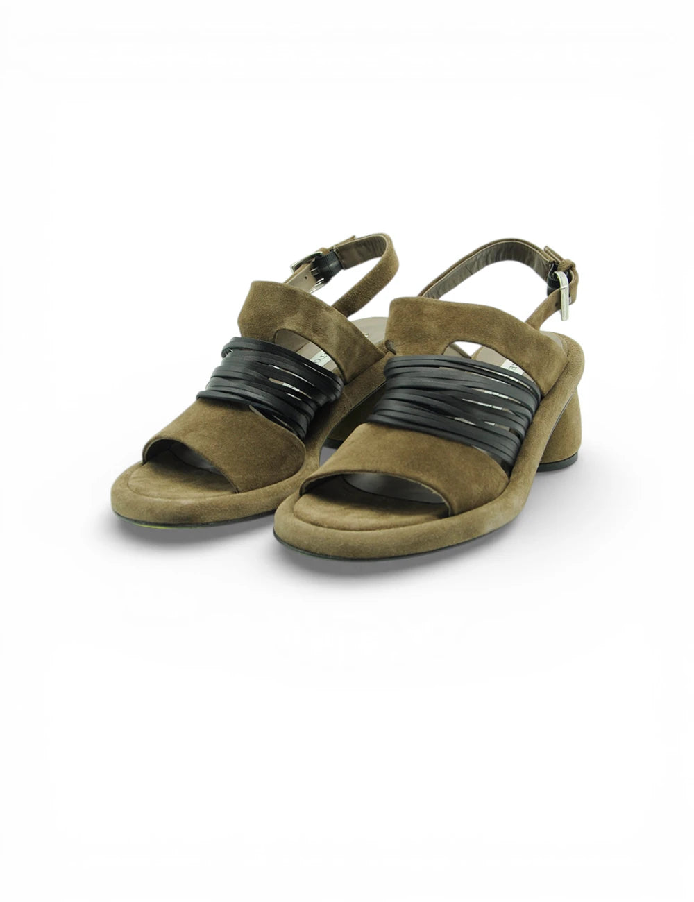 Sandalo Yvonne Antilope Ernesto Dolani in suede oliva con cinturini in pelle nera e tacco basso