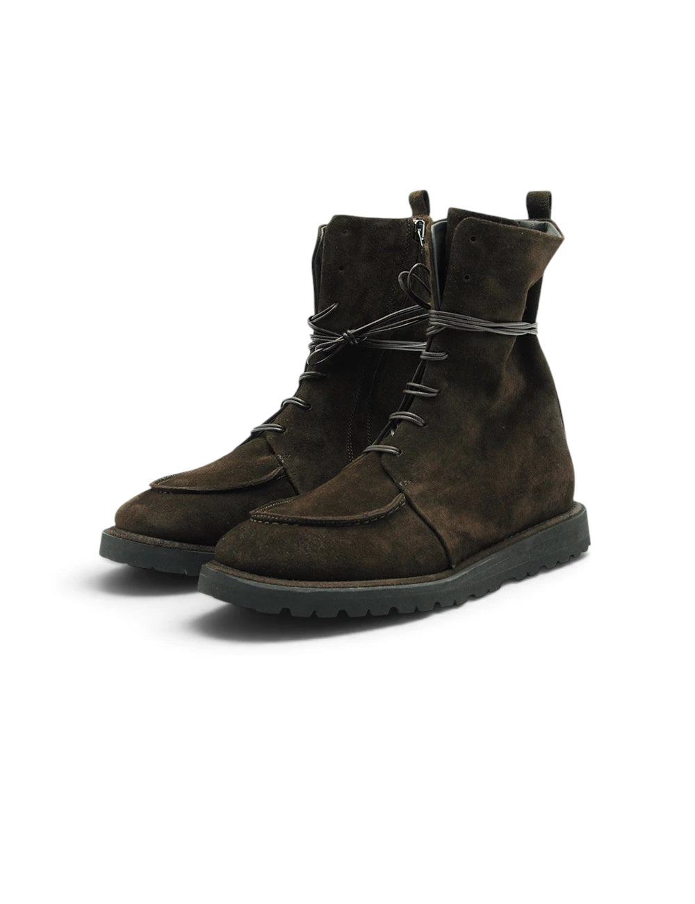Ernesto Dolani stivaletto testa moro in suede marrone scuro con lacci neri e suola chunky in gomma