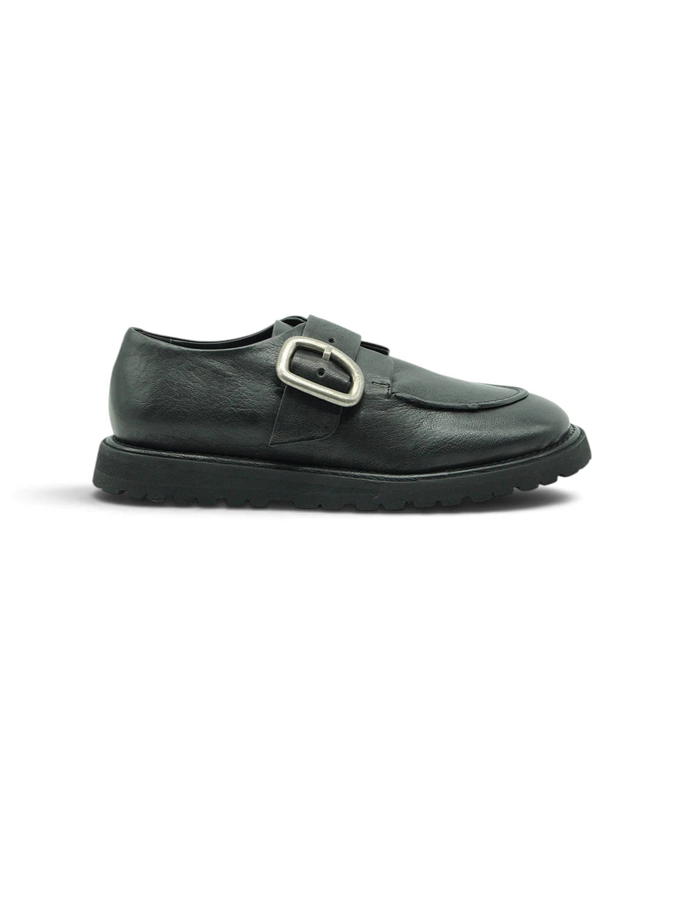 Black leather slip-on shoe ernesto dolani monk nera with silver buckle and chunky rubber sole