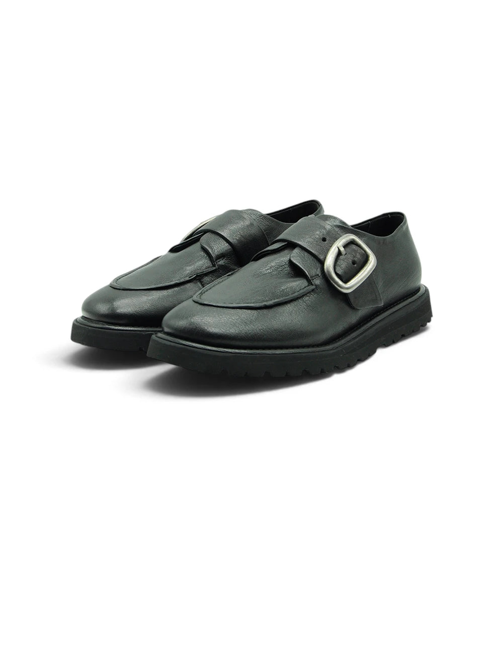 Dark green leather loafers with silver buckle and thick black rubber sole from ernesto dolani monk nera