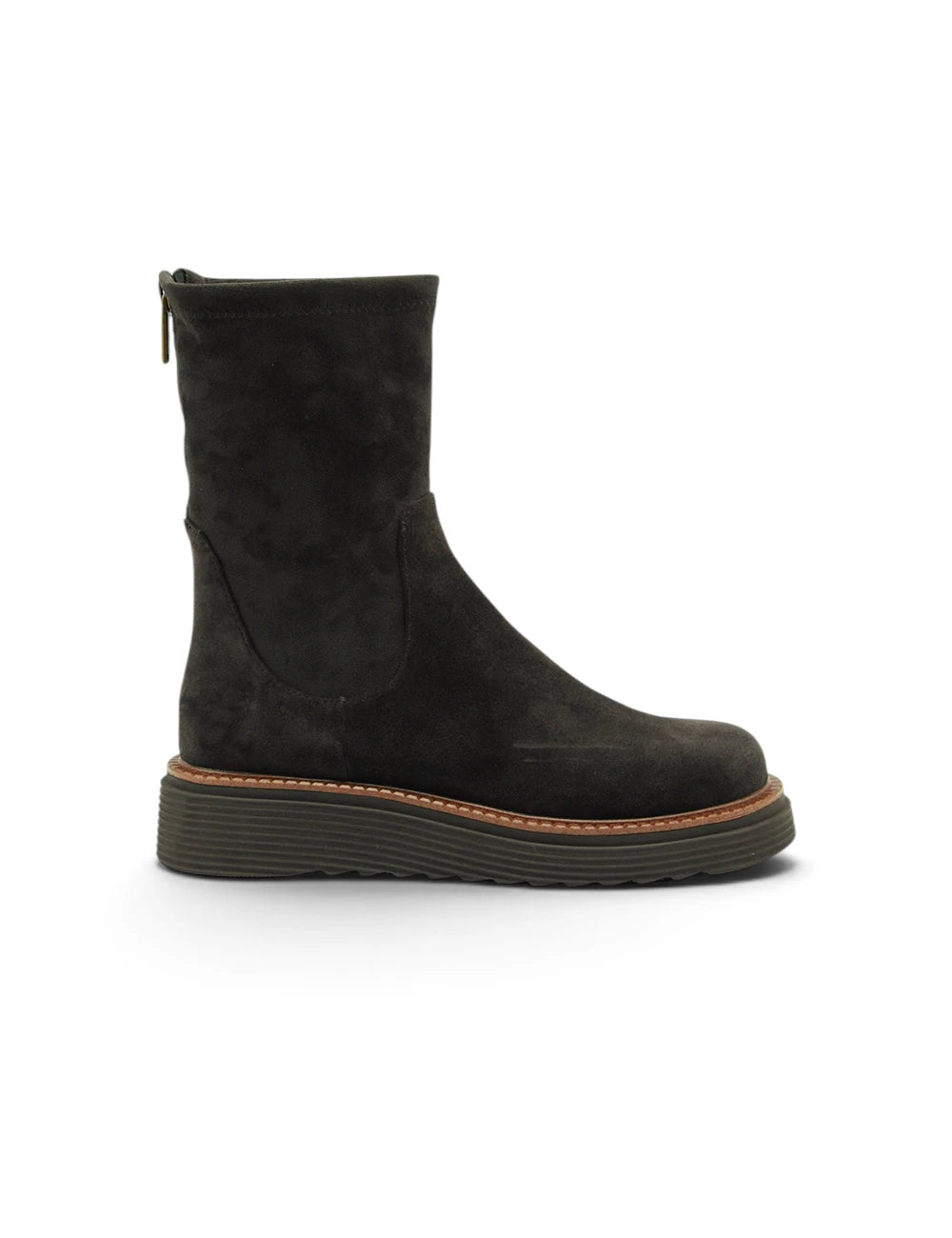 Black suede elvio zanon stivaletto moro ankle boot with chunky rubber sole and tan stitching