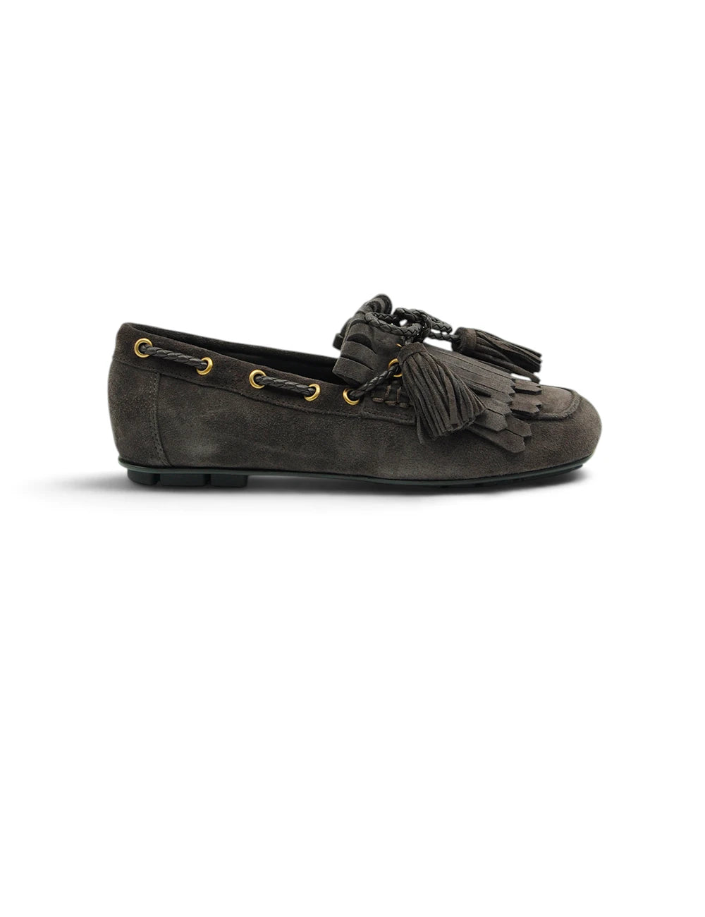 Dark gray suede loafer elvio zanon mocassino driver moro with decorative tassels and gold-tone eyelets