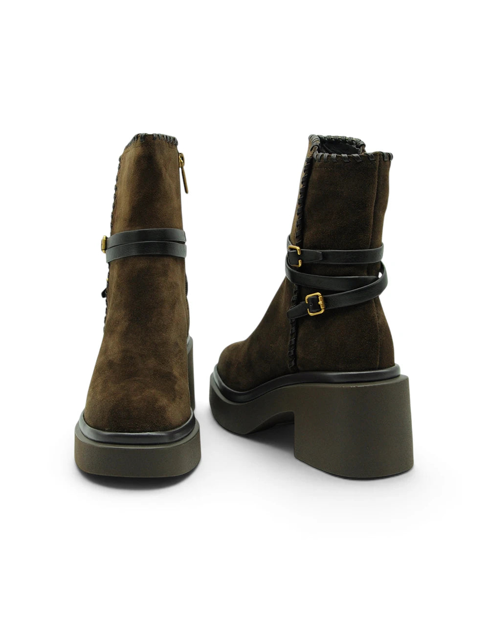 Brown suede ankle boots elvio zanon stivaletto castoro with black leather straps gold buckles and chunky platform heel
