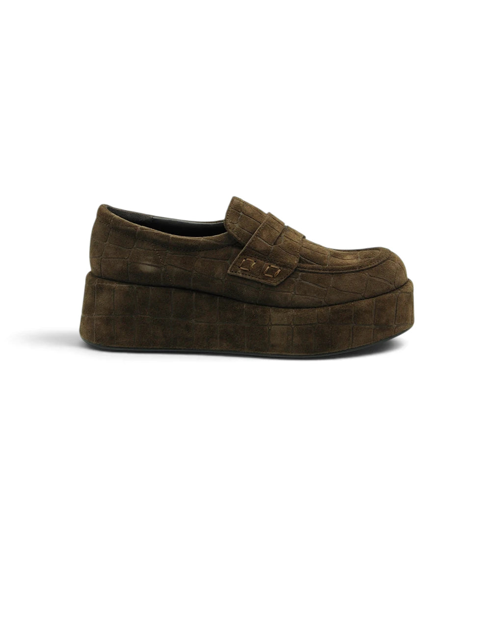 Elvio Zanon mocassino platform castoro in pelle scamosciata verde oliva con trama intrecciata e suola spessa