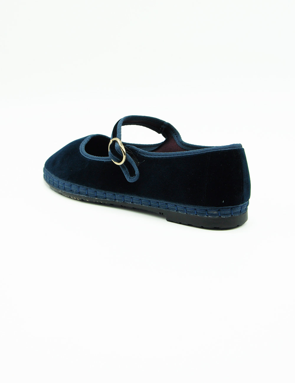Scarpa espadrille flat in velluto blu navy con fibbia oro e trimma intrecciata, Flabelus Mary Jane Molly Blu
