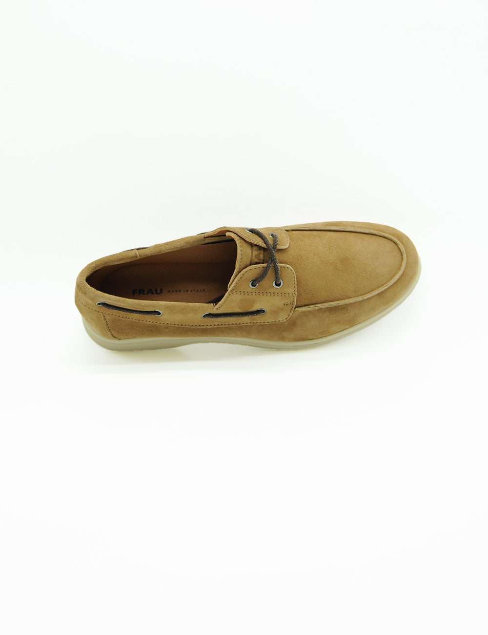 Mocassino barca Frau Sella in suede tan con lacci marroni e suola chiara