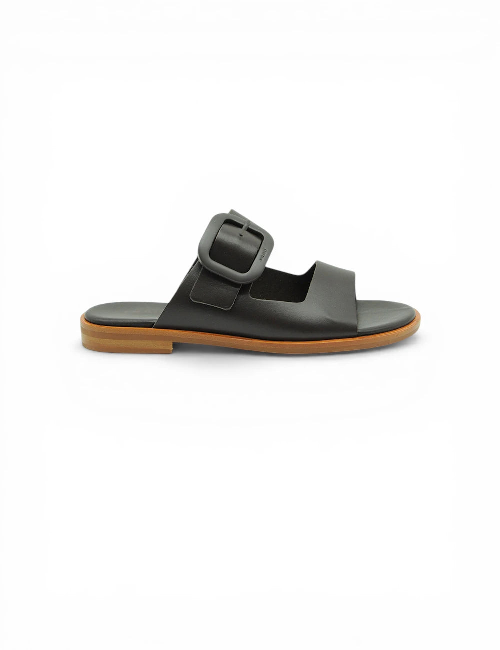 Sandalo nero in pelle frau sandalo london testa moro con fibbia opaca e suola in gomma marrone chiaro