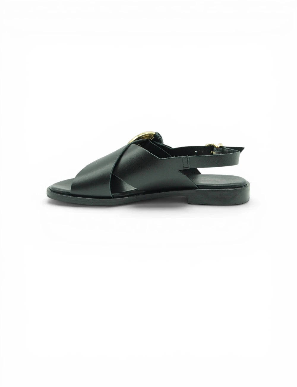 Sandaletto in pelle nera frau sandalo london nero con fibbia dorata e cinturino regolabile