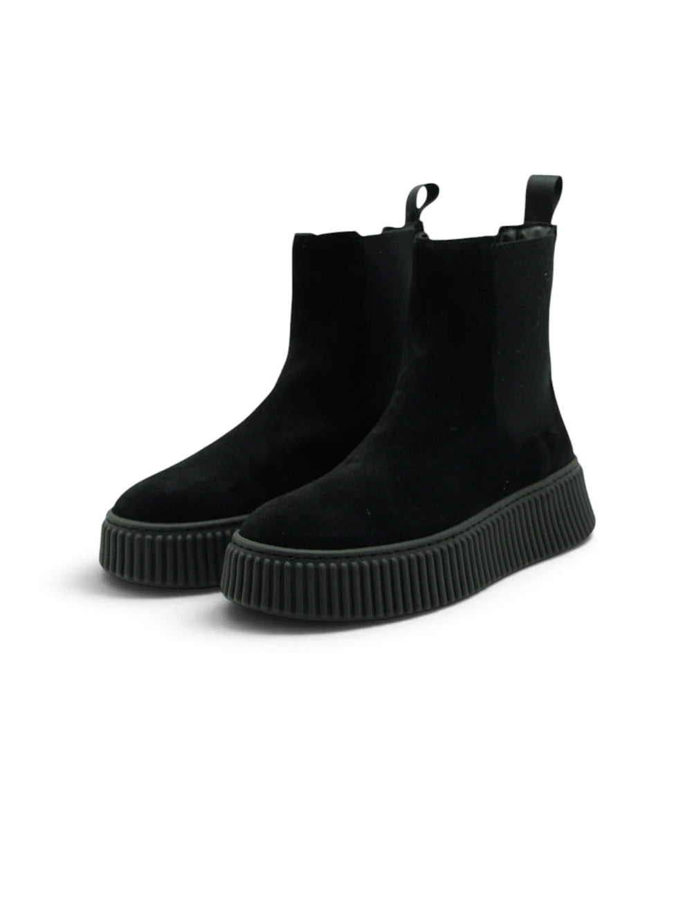 Stivaletti chelsea frau nero in pelle scamosciata con suola platform rigata e tiranti posteriori vista posteriore