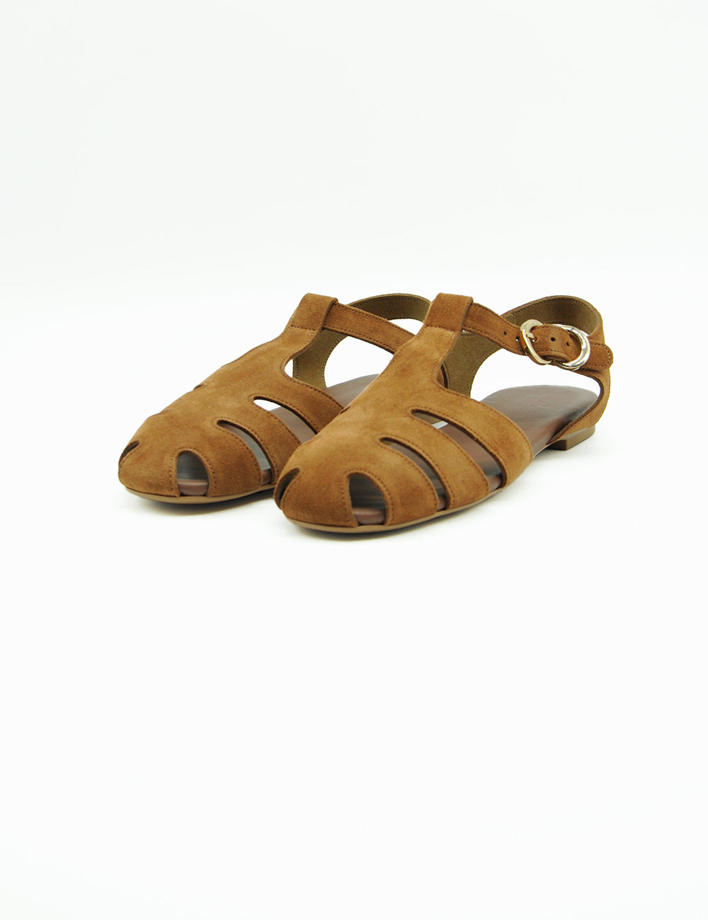 Sandalo Frau Cannella in suede tan con t-strap e fibbia regolabile