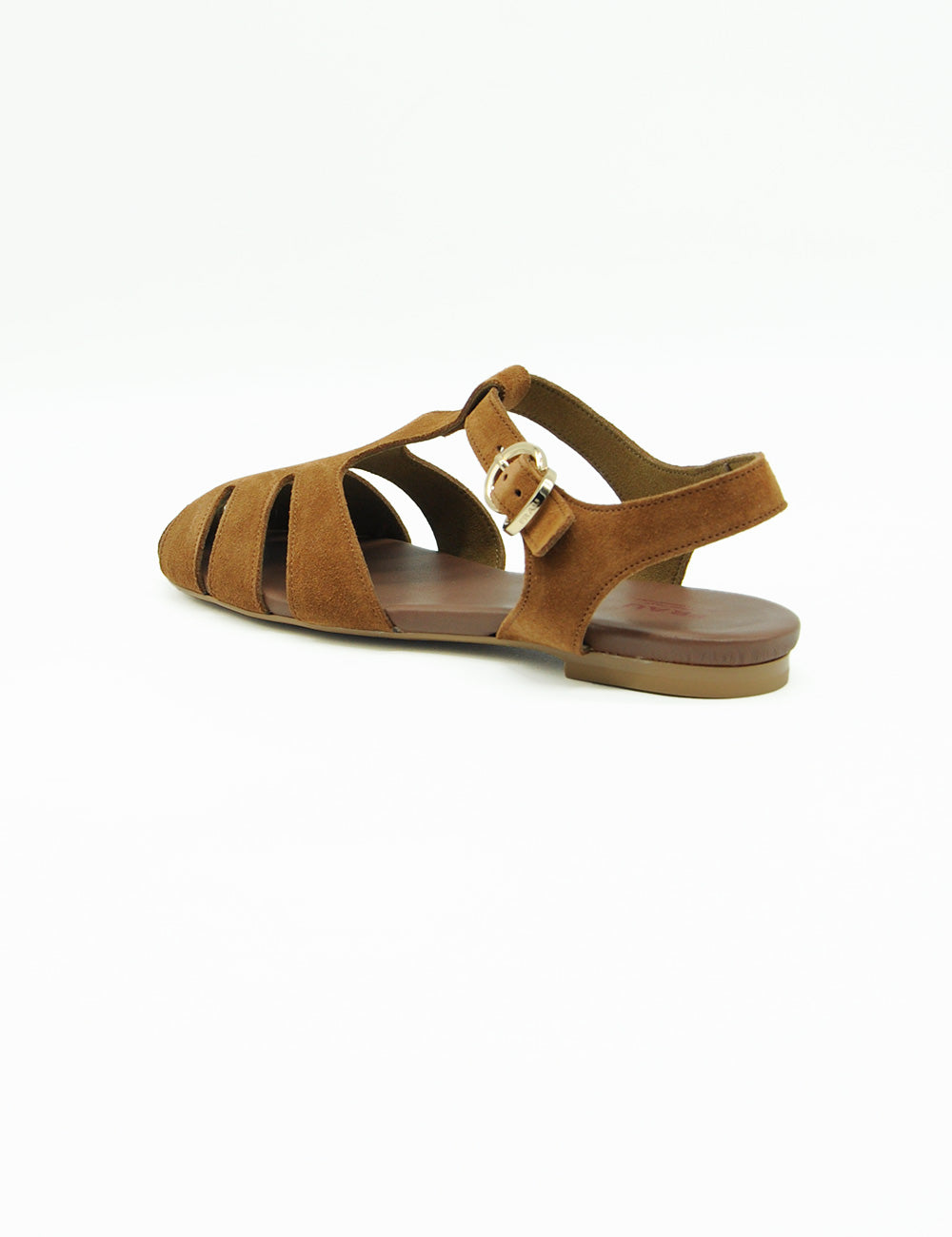 Sandalo Frau Cannella in suede tan con fibbia oro e straps multiple