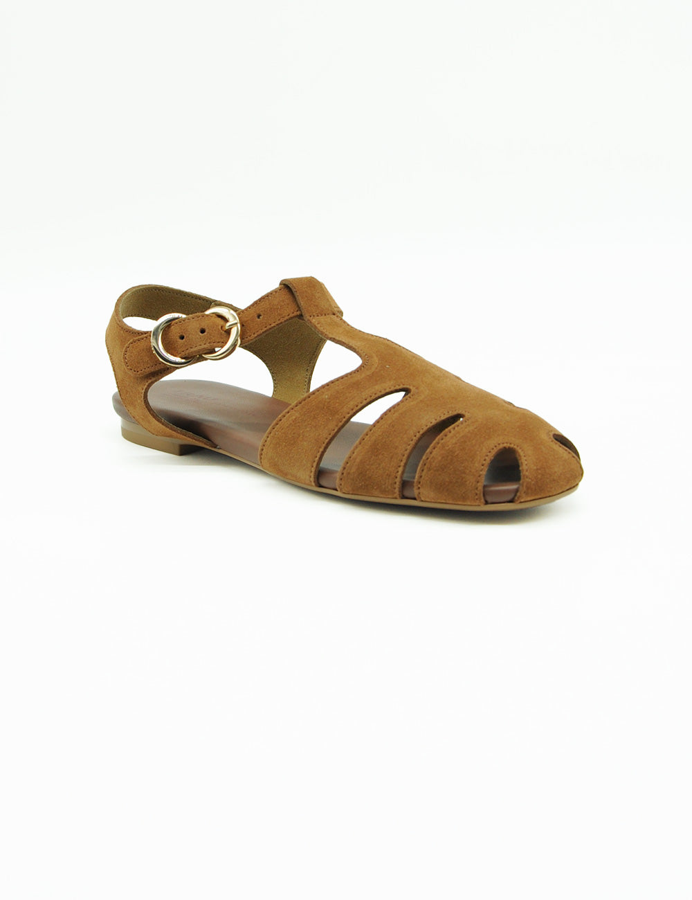 Sandalo Frau Cannella in suede tan con fibbia oro e cut-out