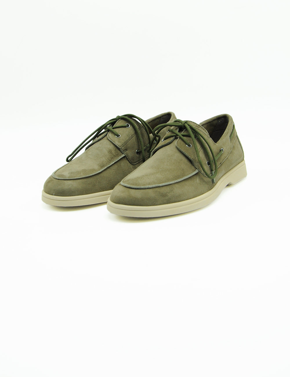 Mocassino Frau Timo in suede verde oliva con lacci abbinati e suola beige