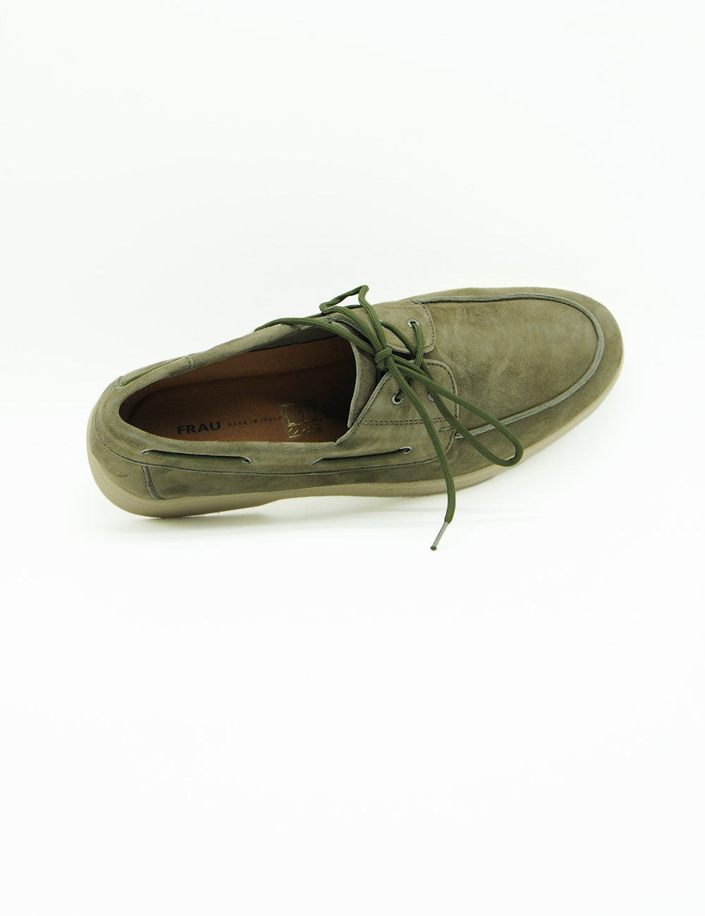 Mocassino Frau Timo in suede verde oliva con lacci abbinati e suola in gomma chiara