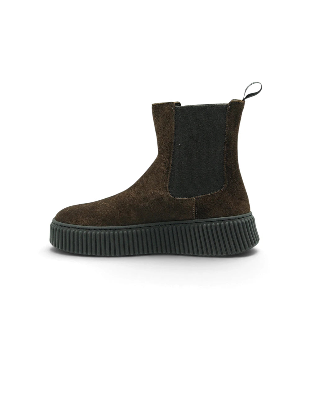 Dark brown suede frau chelsea boot cacao with ribbed black platform sole and elastic side panels