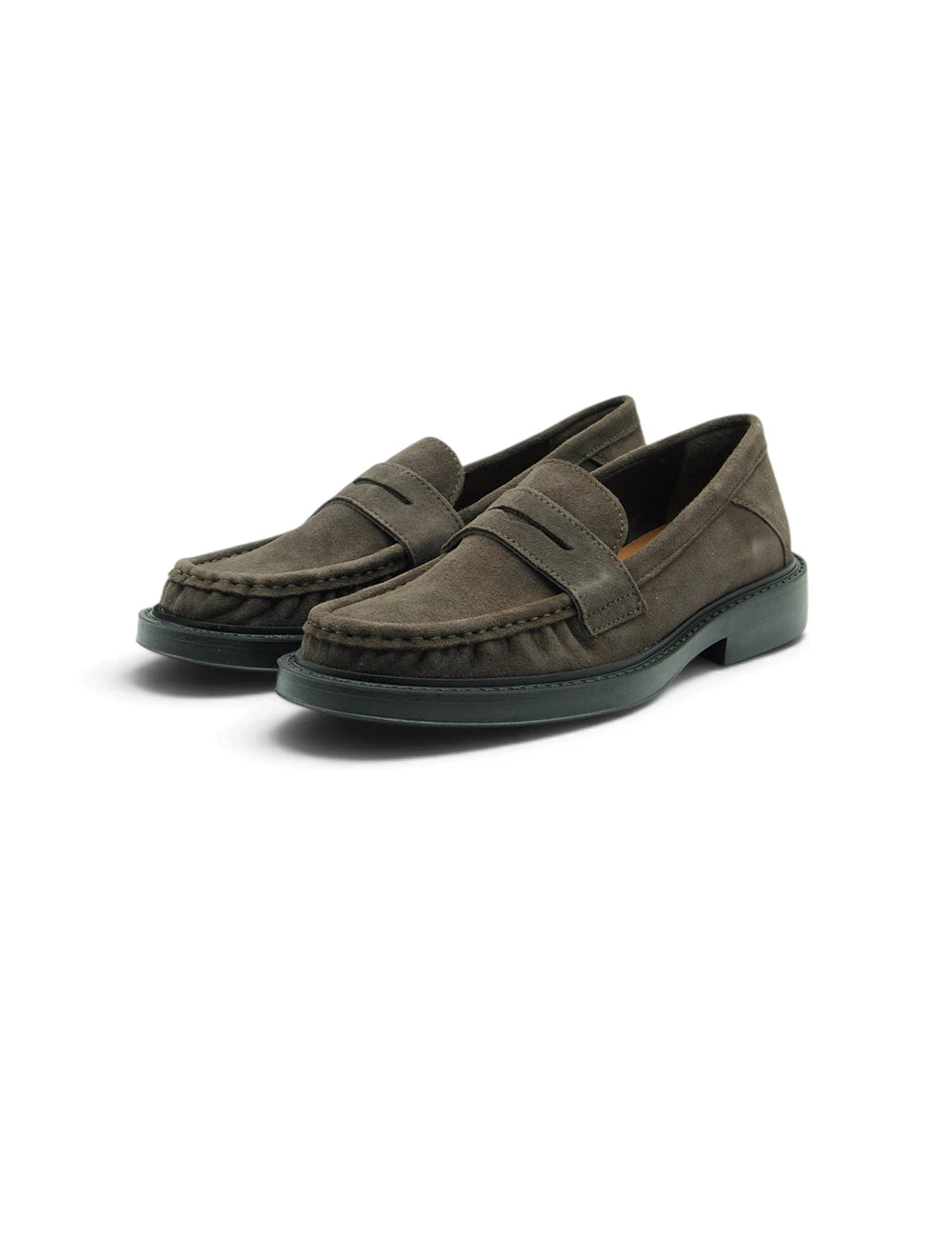 Olive green suede loafers frau mocassino testa moro con suola in gomma verde scuro e cuciture dettagliate