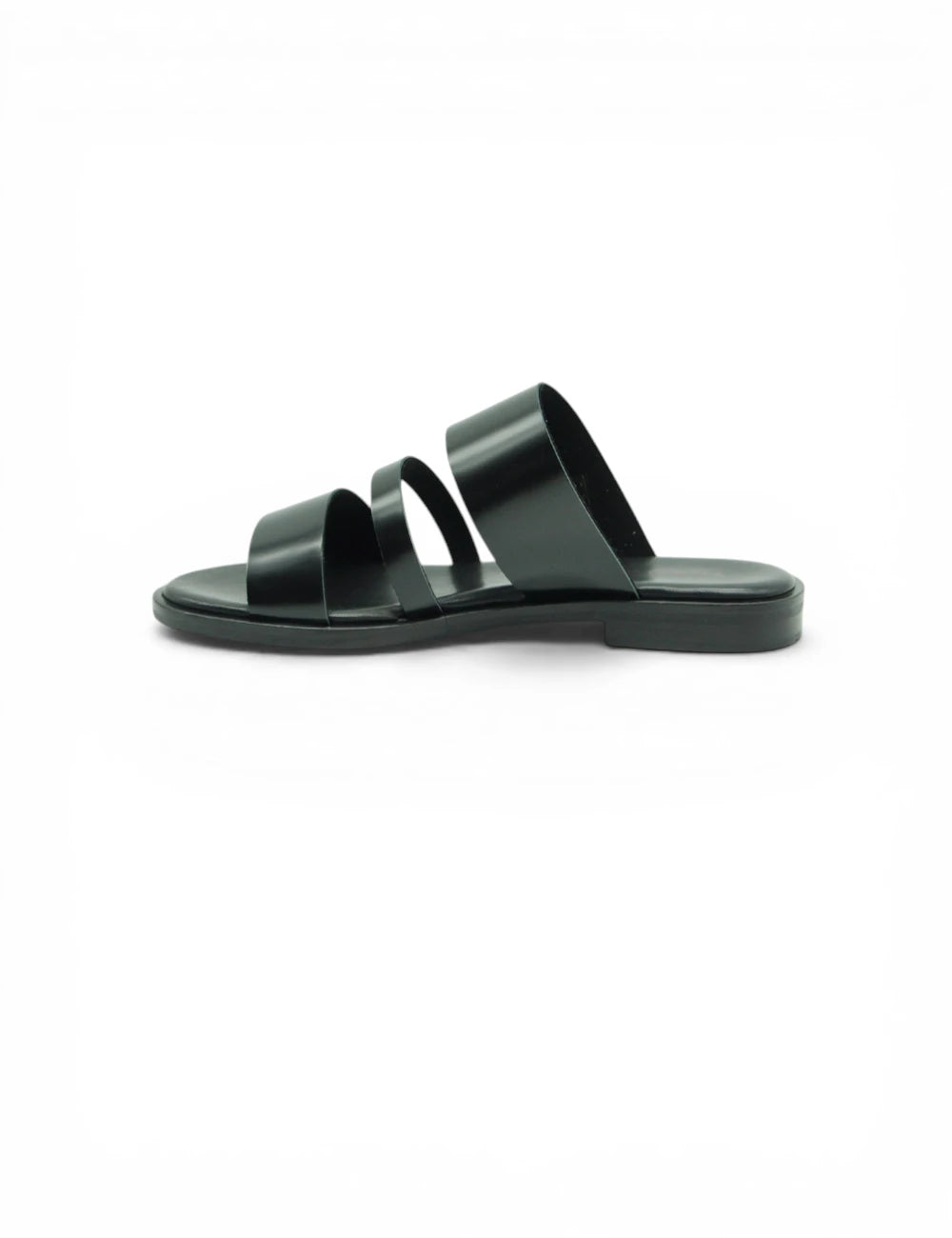 Sandali Frau Murano Nero in similpelle nera con tre fasce parallele e suola flat
