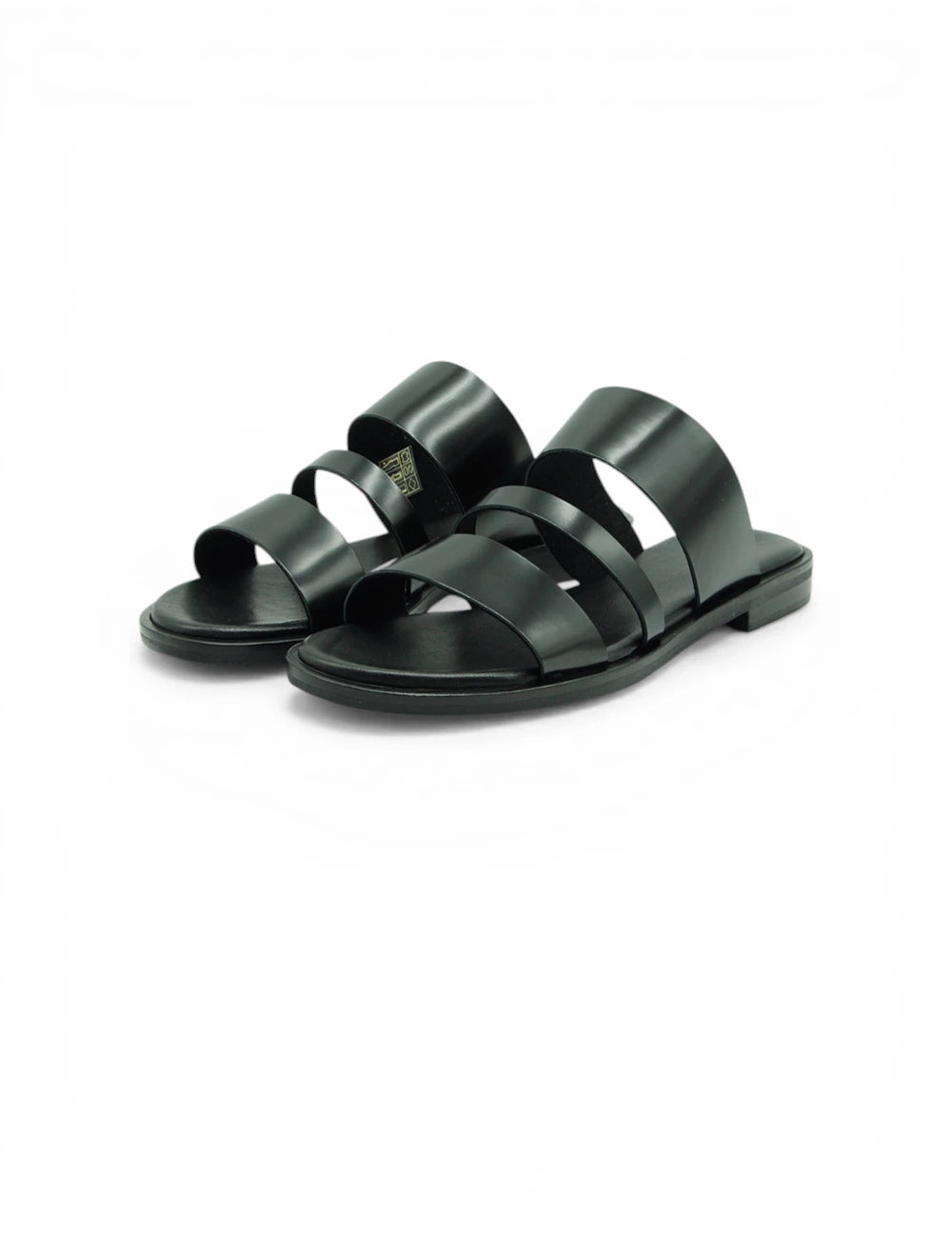 Sandalo Frau Murano Nero in pelle nera con tre cinghie parallele e suola flat