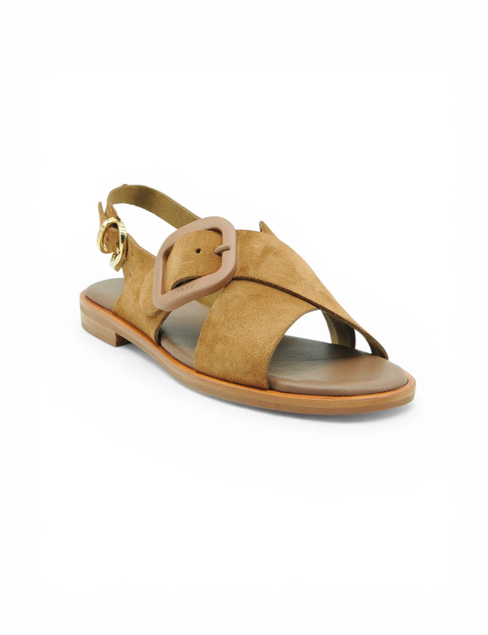 Sandalo Frau Velour Cannella in suede tan con fibbia larga e tacco basso