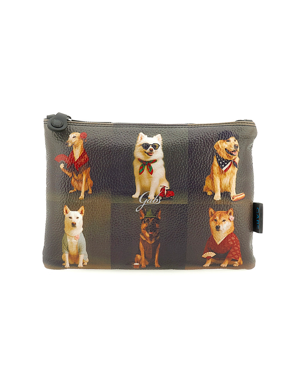 Pochette nera in tessuto con collage di sei cani illustrati e logo gads modello gabs beyoncè tg m pet lovers dogs grey