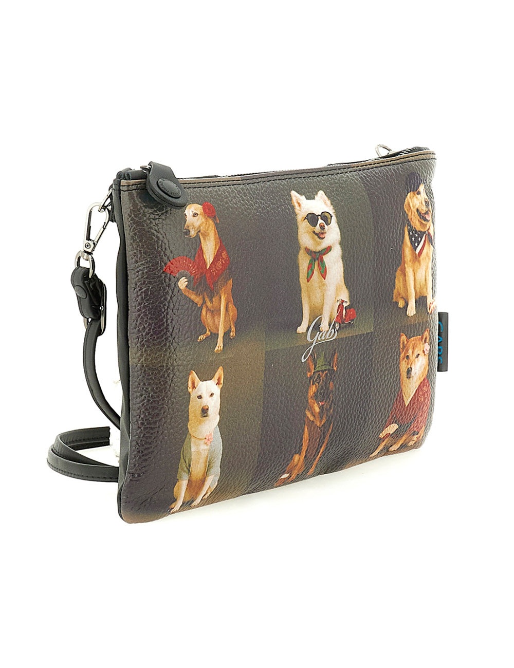 Clutch tracolla in pelle nera gabs beyoncè tg m con collage giocoso di cani illustrati in pose eleganti grigio