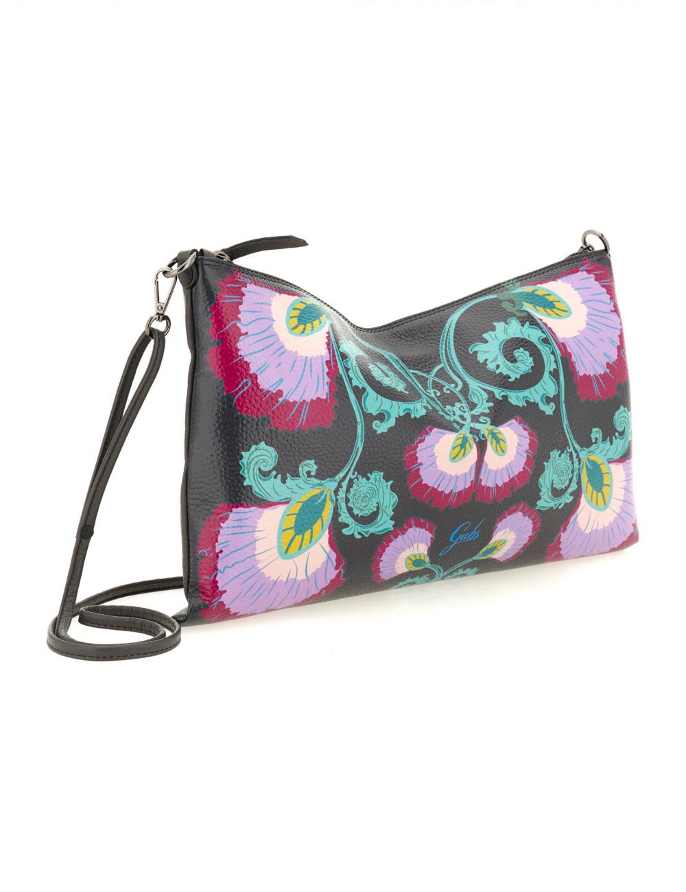 Borsa Gabs Beyoncè EW TG L Peonia nera in pelle con fiori viola rosa teal gialli