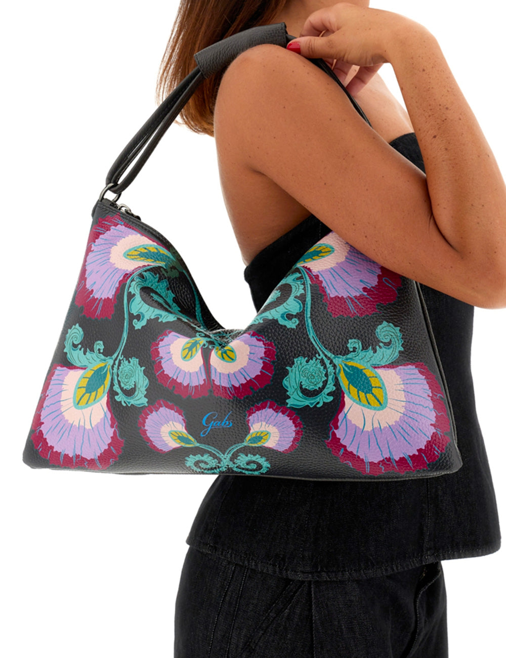 Borsa hobo Gabs Beyoncé EW TG L Peonia in pelle nera con ricami floreali viola teal e gialli
