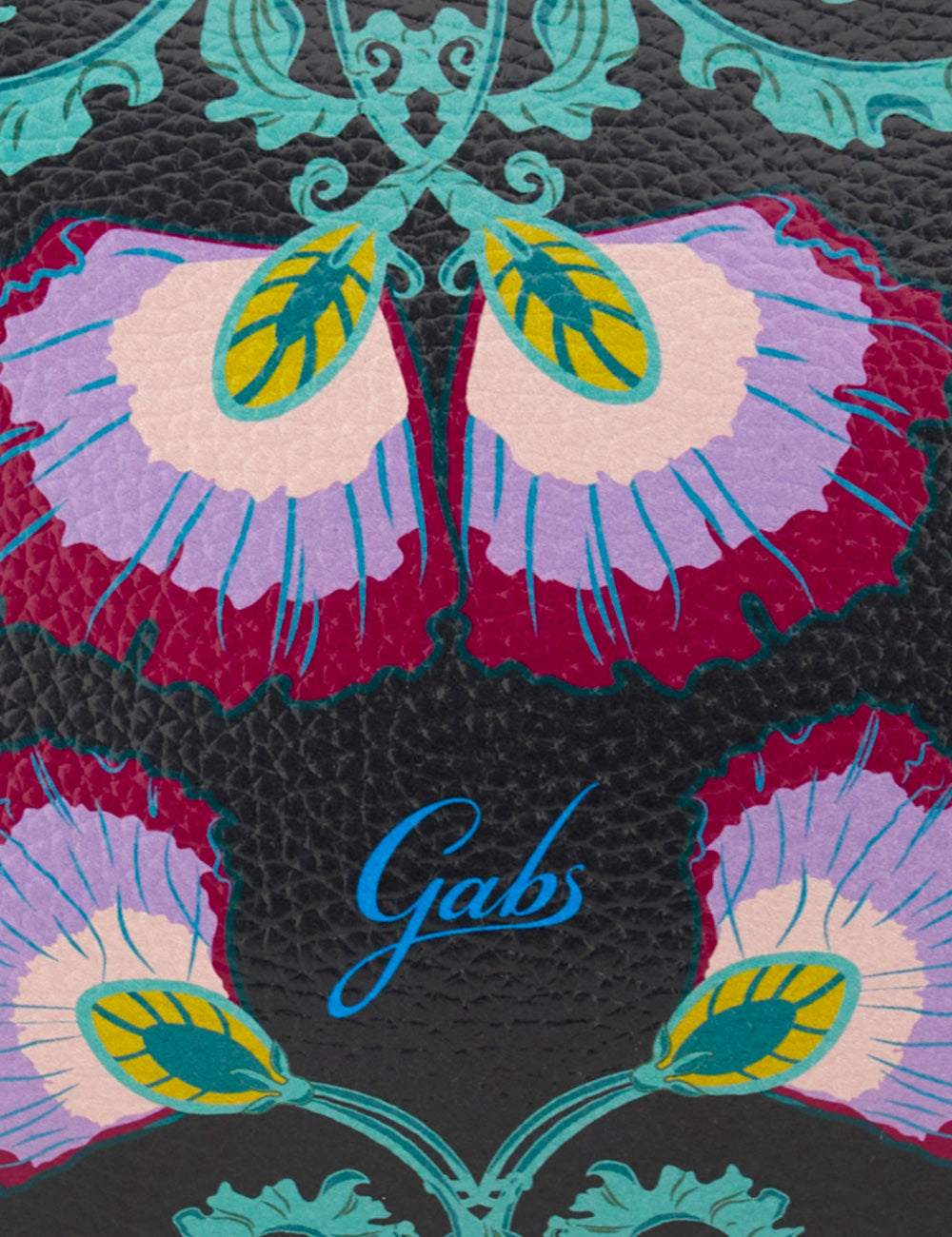 Borsa Gabs Beyoncé Peonia in pelle nera con fiori viola rosa teal gialli