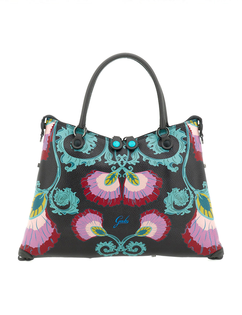Borsa Gabs Thamara Plus Tg M Peonia in pelle nera con fiori e farfalle colorati