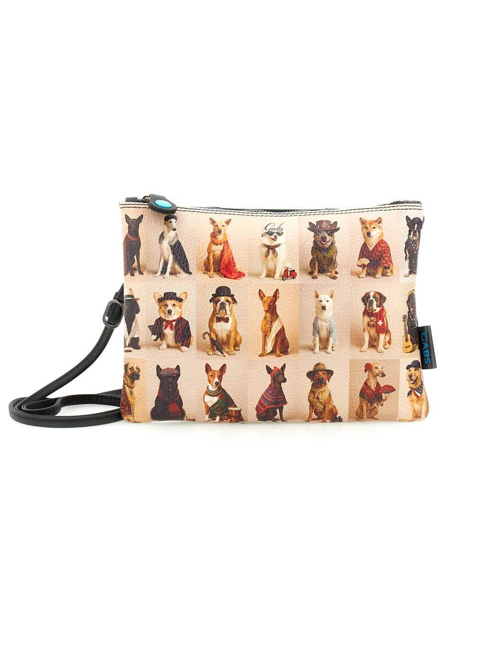 Clutch beige gabs beyoncè tg m con decorazione di cani illustrati e dettagli in nero e zip teal