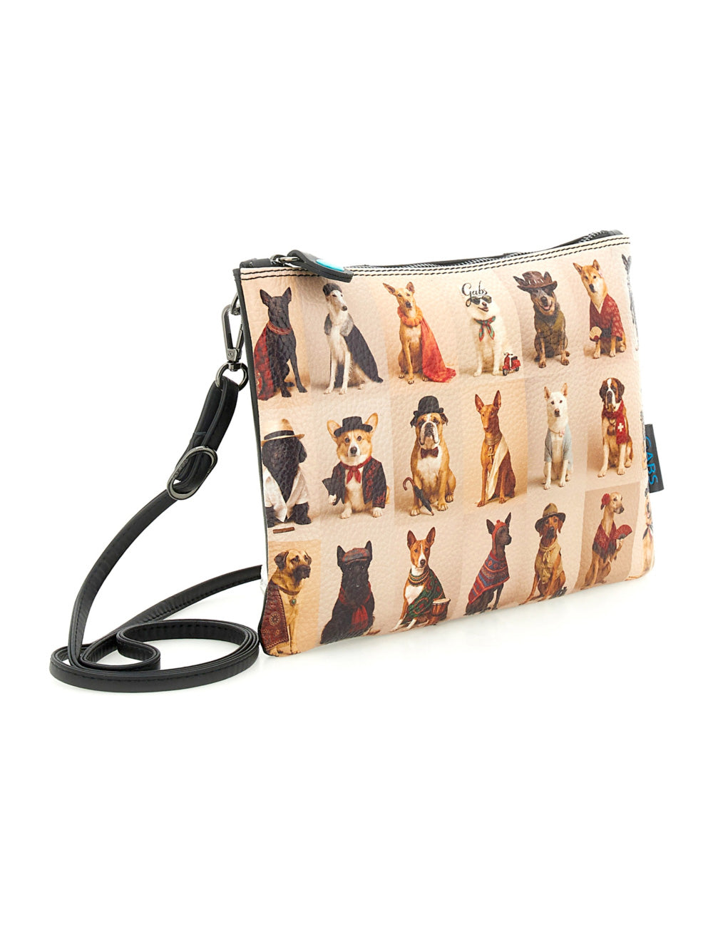 Beige clutch a tracolla Gabs Beyoncè TG M con stampa di cani in abiti formali, tracolla in pelle nera e cerniera turchese